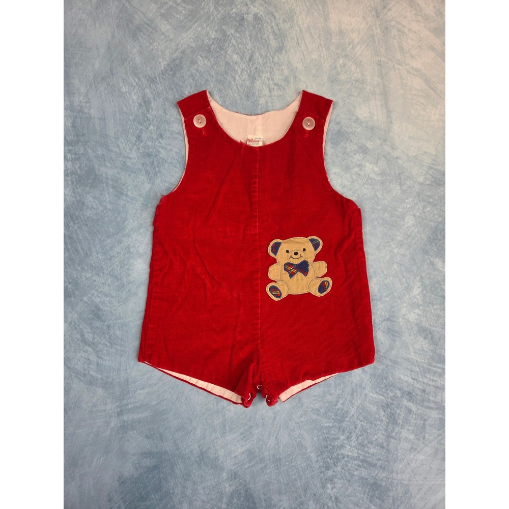 Samara Teddy Bear Boys Romper 24M Red Corduroy Jon Jon Vintage Shortall